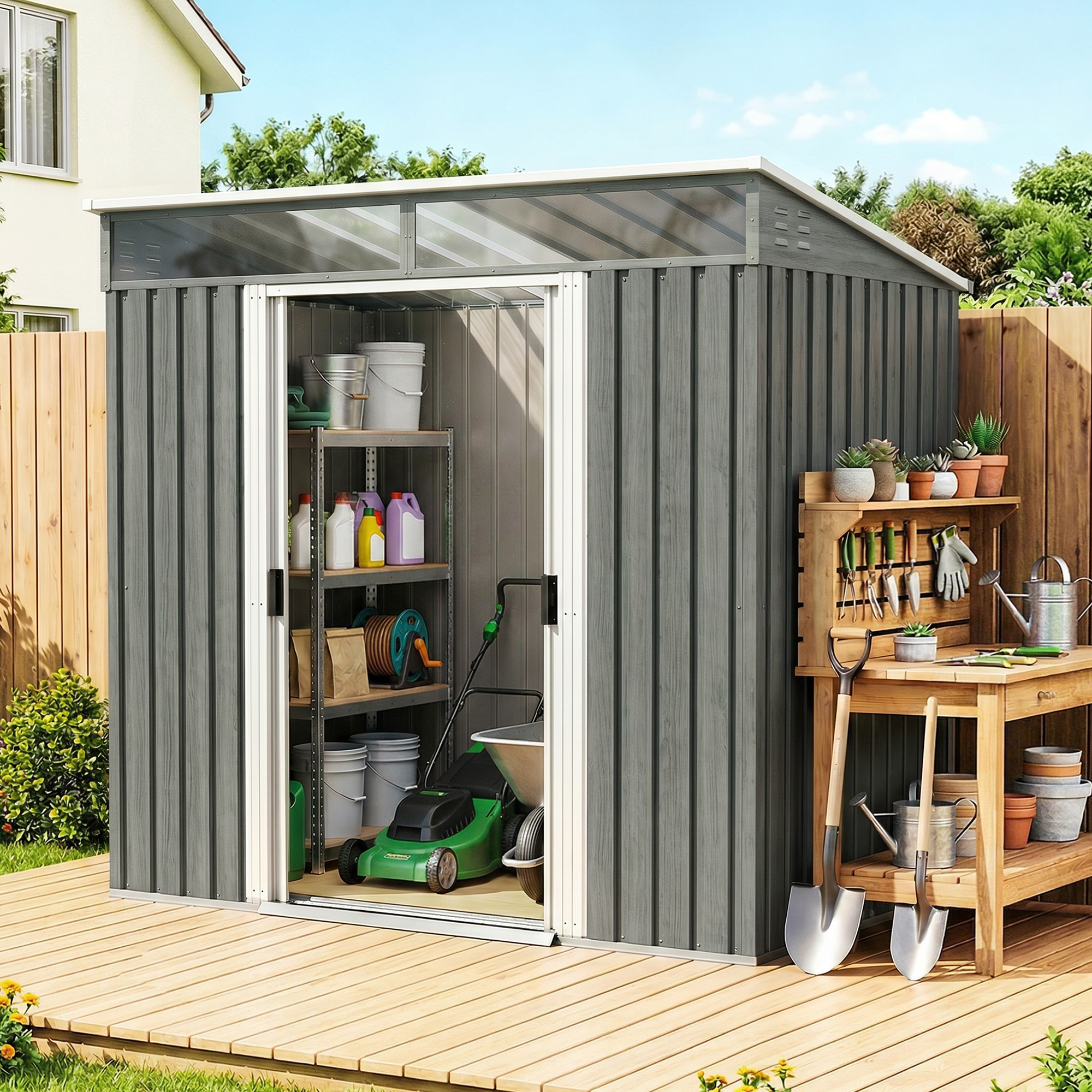 Outsunny Casetta da Giardino 2m² in Acciaio Zincato con Kit Fondazione, Prese d'Aria, Capanno da Giardino con Finestre Trasparente, Tetto Inclinato, Porta Scorrevole Bloccabile, 2 Ganci, Grigio Chiaro   Aosom Italy