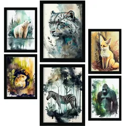 POSTER Set Mit 6 Norden Und Süden Illustrationen Von Tieren In Naturlandschaften A3 & A4 Rahmenlos