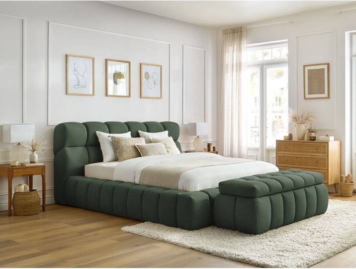 Lit coffre MONT-BLANC + Bout de lit MONT-BLANC tissu chiné 160x200 + bout de lit 140