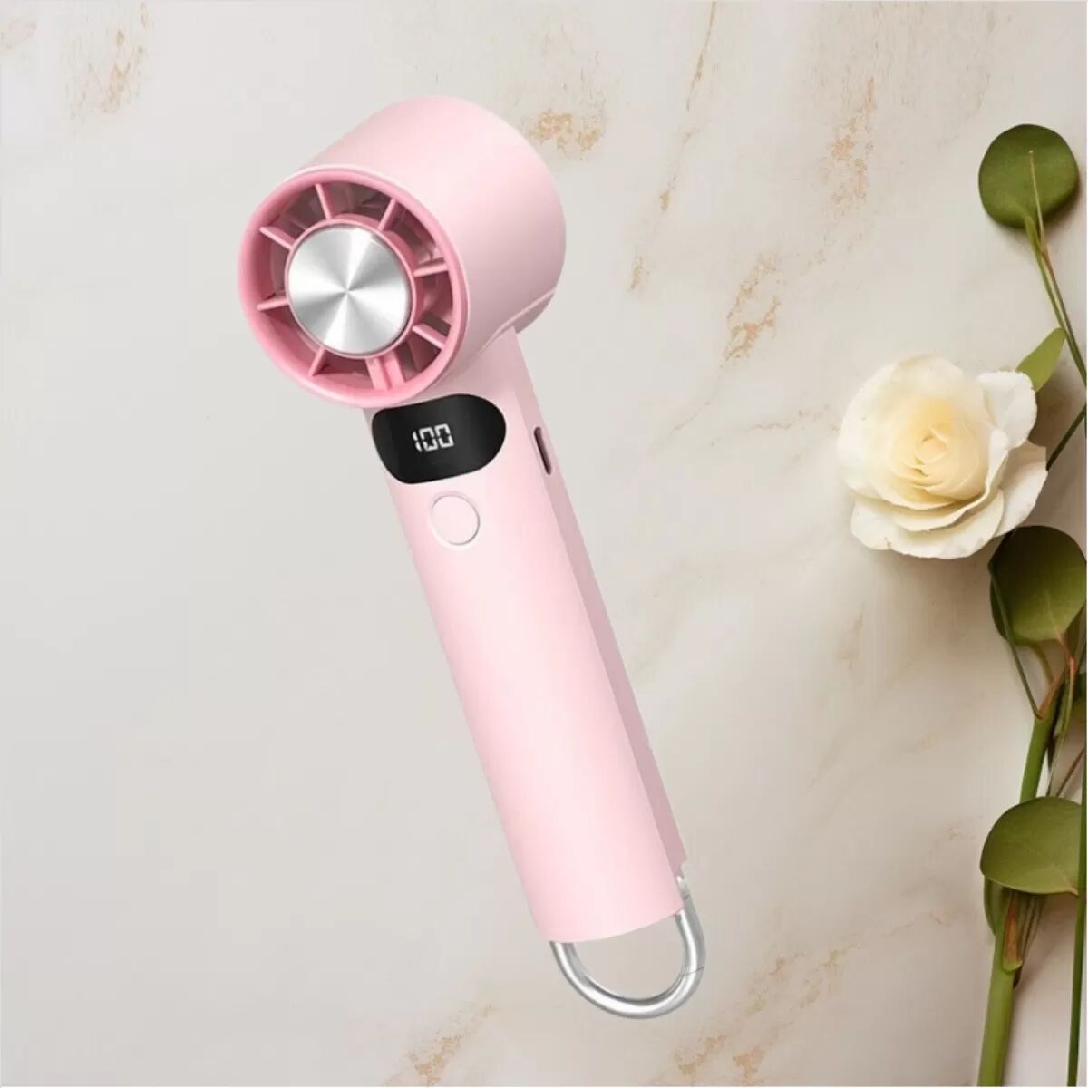 INF Digitaler 5-Stufen Handventilator mit hohem Luftdurchsatz, 2000mAh Akku, thermoelektrischer Kühlung und LED-Akkuanzeige — Rosa