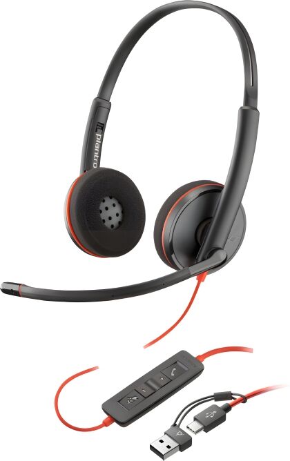 Poly Blackwire 3220 USB-C + dongle USB-C/A Casque filaire duo PC avec audio HD, protection acoustique et double connexion USB-A/USB-C.