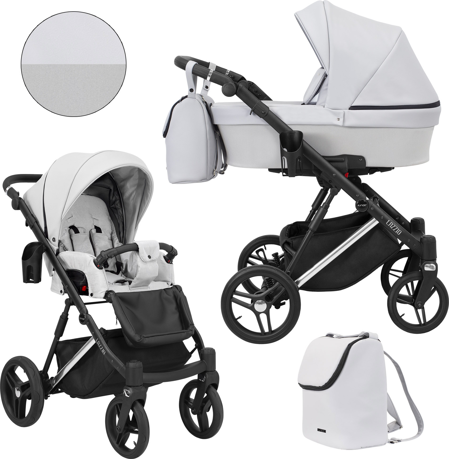 Kinderwagen LAZZIO PREMIUM Sportwagen Babywagen Babyschale Komplettset Kinder Wagen Set 2 in 1 (Asche + eco, Rahmenfarbe: Silber)