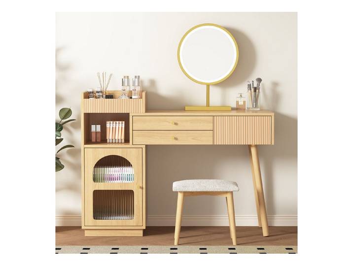 Odikalo Schminktisch Kosmetiktisch Set LED Spiegel 3 Farbig 3 Schubladen Seitenschrank