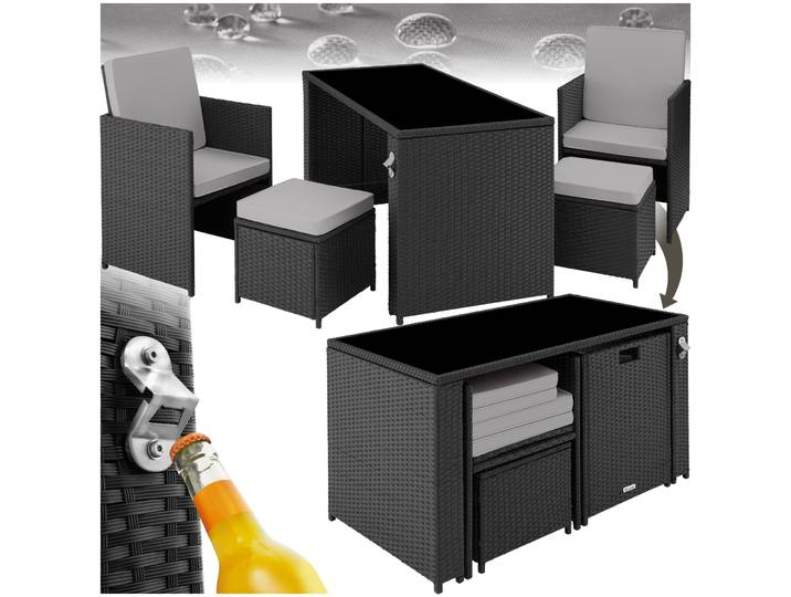 Rattan Sitzgruppe Palermo 2+2+1 - schwarz/grau