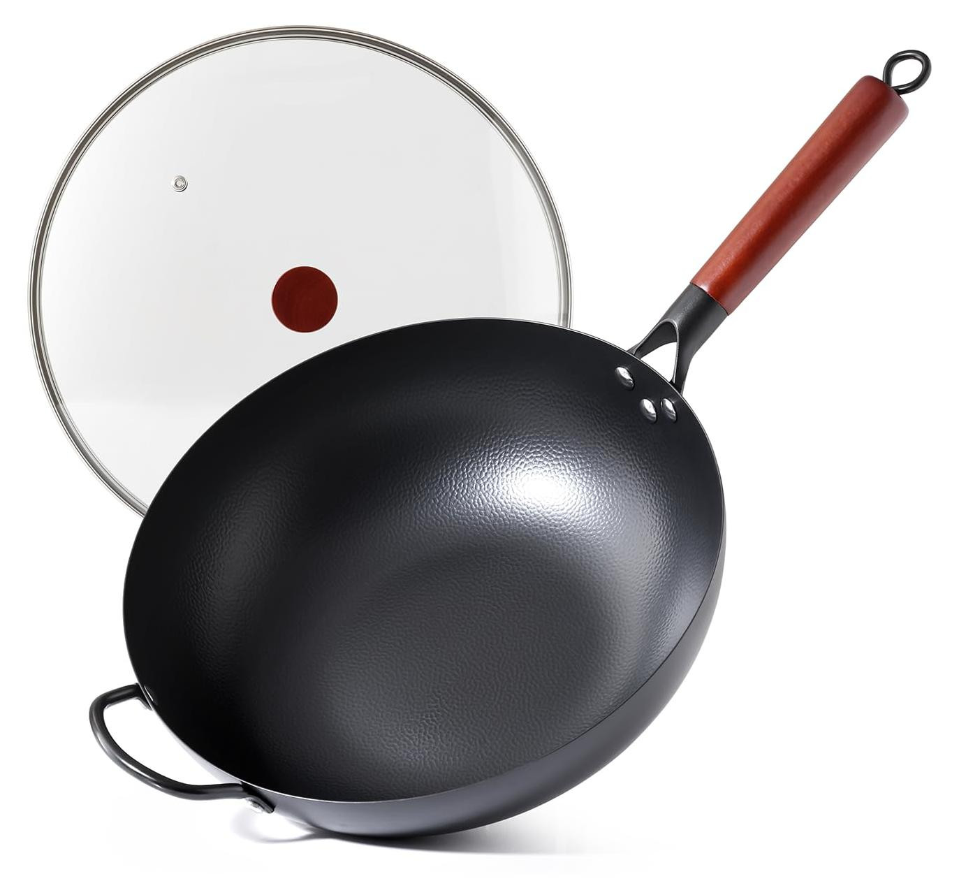 Dripio Wok van koolstofstaal met platte bodem en deksel, 32 cm