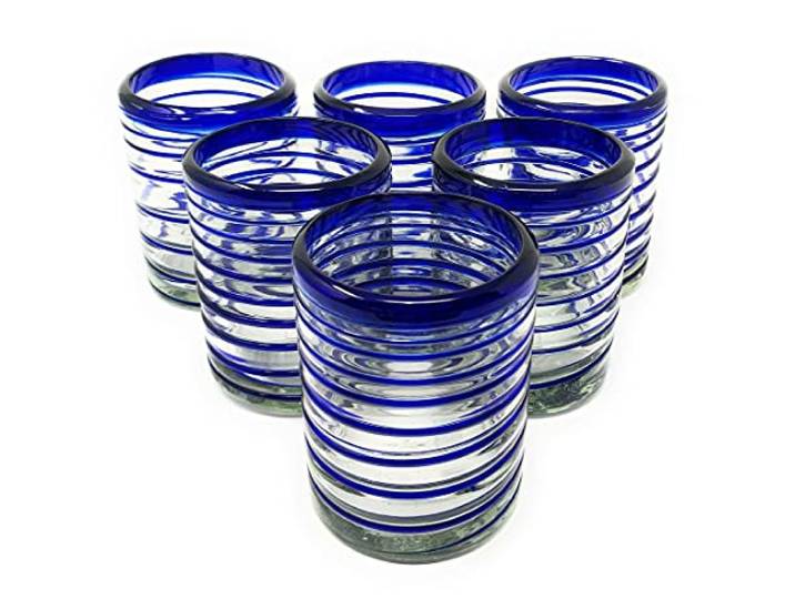 Dos Sueños Mundgeblasene mexikanische Trinkgläser – Set mit 6 Trinkgläsern mit blauem Spiraldesign (je 284 ml)