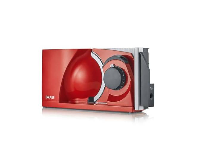 GRAEF MYtiny opvouwbare allessnijder, universele elektrische snijmachine voor de keuken, MT1003, worst, groenten, broodsnijmachine, inklapbaar, rood