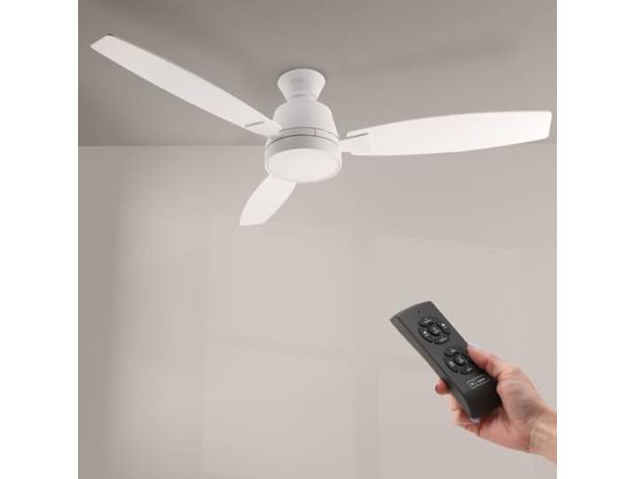 M mimotec - Ventilateur de plafond avec lumière Led White Bass\, télécommande\, moteur DC 31W+Lumière Led 18W\, 6 vitesses\, Silencieux\, 3 Pales MDF\, 132 cm\, fonction été-hiver\, minuterie