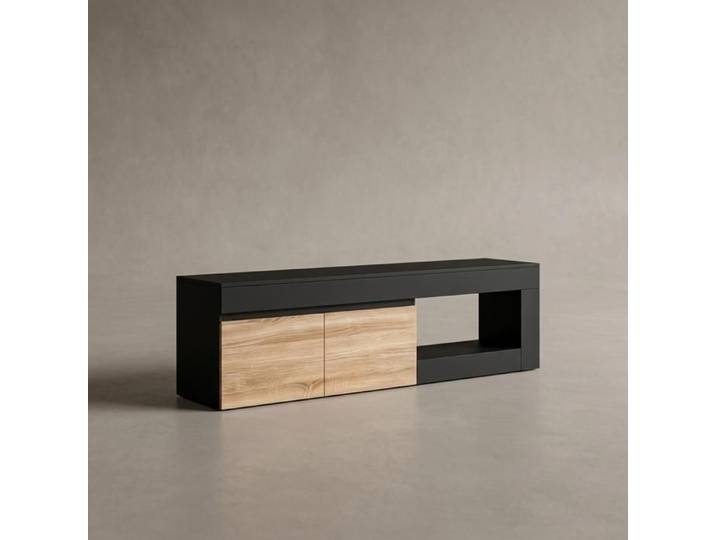 Norevia Meuble TV Noir et Bois Naturel 140 cm pour TV jusqu'à 60 Pouces Banc TV 2 Portes