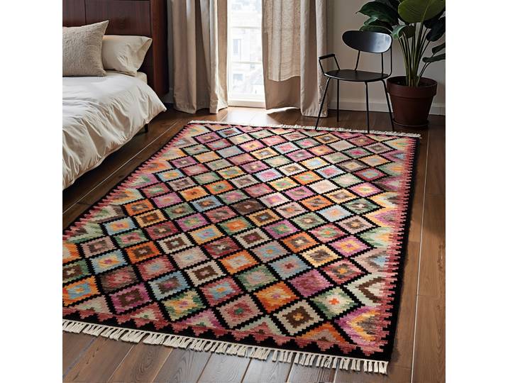 Teppich HANSE HOME Kelim Zara , schwarz (schwarz multifarben), B:120cm H:3mm L:170cm, Baumwolle, Wolle, Teppiche, Teppich, Wolle, Baumwolle, Natur, Handgewebt, orientalisch, Boho, traditionell