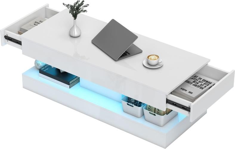 Moonbite salontafel met LED-verlichting en 2 lades, hoogglanzwit, B: 120 cm, D: 50 cm