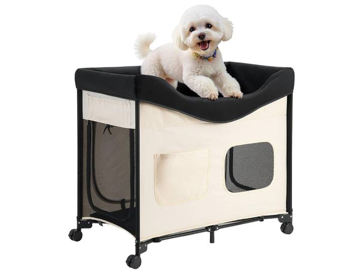 Lit surélevé pour animaux domestiques VEVOR (L)\, lit pliant pour chiens avec tissu Oxford 600D & velours hollandais\, lit surélevé portable avec roues & poches de rangement latérales & sac de transport\, Beige