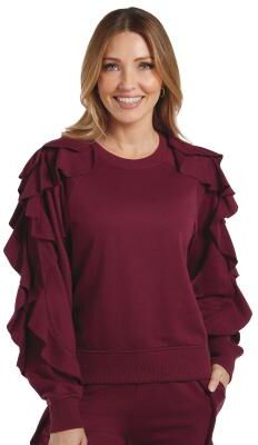 Masseys Raw Hem Ruffle Long Sleeve (Women's) Casual in Burgundy, Size 3X, Poly + Cotton