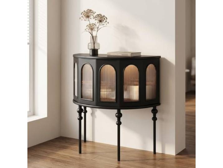 Massivholz Konsolentisch mit Glastüren, Flurtisch für Eingangsbereich Massivholz-Rahmen, Geriffeltes Glas-Design, Push-to-Open, Multifunktionaler Flurtisch