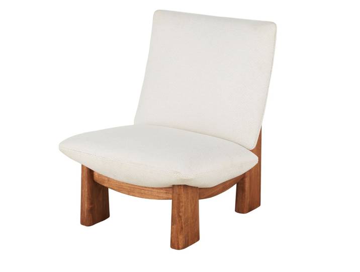Beigefarbener Sessel mit Füßen aus Kautschukholz