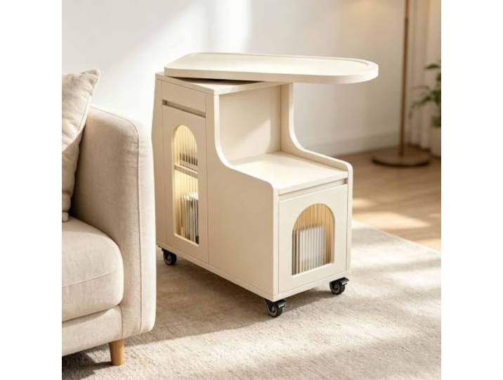 Moderner 2-Ebenen Beistelltisch aus Massivholz mit Glastür und Drehplatte Vielseitiger Beistelltisch Couch mit Stauraum auf mehreren Ebenen, Glastür und 360° drehbarer Platte für Sofa und Leseecke