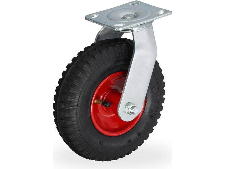 Relaxdays Lenkrolle, luftbereift, 2.50-4, Schwerlast-Transportrolle, Stahlplatte zum Anschrauben, bis 120kg, schwarz/rot