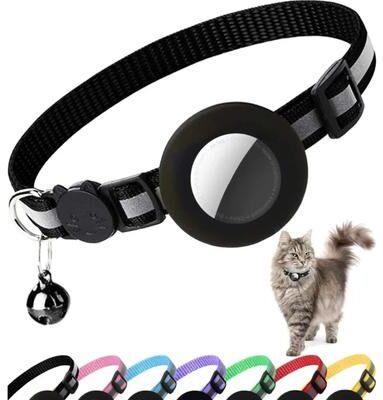 Inspire Select AirTag Cat Collar With Holder Cute Reflective Breakaway Kitten Collar With Bell black