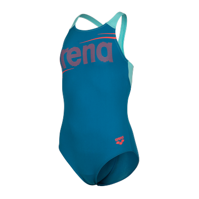 Badeanzug ARENA "G ARENA BOLD SWIMSUIT V BACK", Mädchen, Gr. 140, N-Gr, blau (blau cosmo, water), Polyester, Badeanzüge Badeanzug, hohe Chlorbeständigkeit, schnelltrocknendes Material, UV-Schutz UPF50+