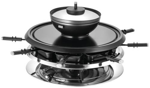 Unold Raclette 8 Fonduegabeln, 8Pfännchen, Antihaftbeschichtung, stufenloser Temperaturregler Edelstahl, Schwarz