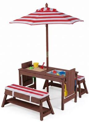 Costway Outdoor Kids Wooden Picnic Table and Benches Set with Umbrella-Red