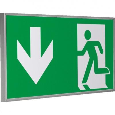 Schild | Rettungszeichen Notausgang, im Rahmen silbermatt, Kunststoff, 300x150mm, ASR A1.3, DIN EN ISO 7010 E001