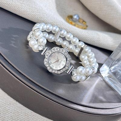 Youfap Market Elegant Pearl Diamond Encrusted Watch, Vintage Luxury Bracelet Style For Ladies, Convenient Quartz Wristwatch silver
