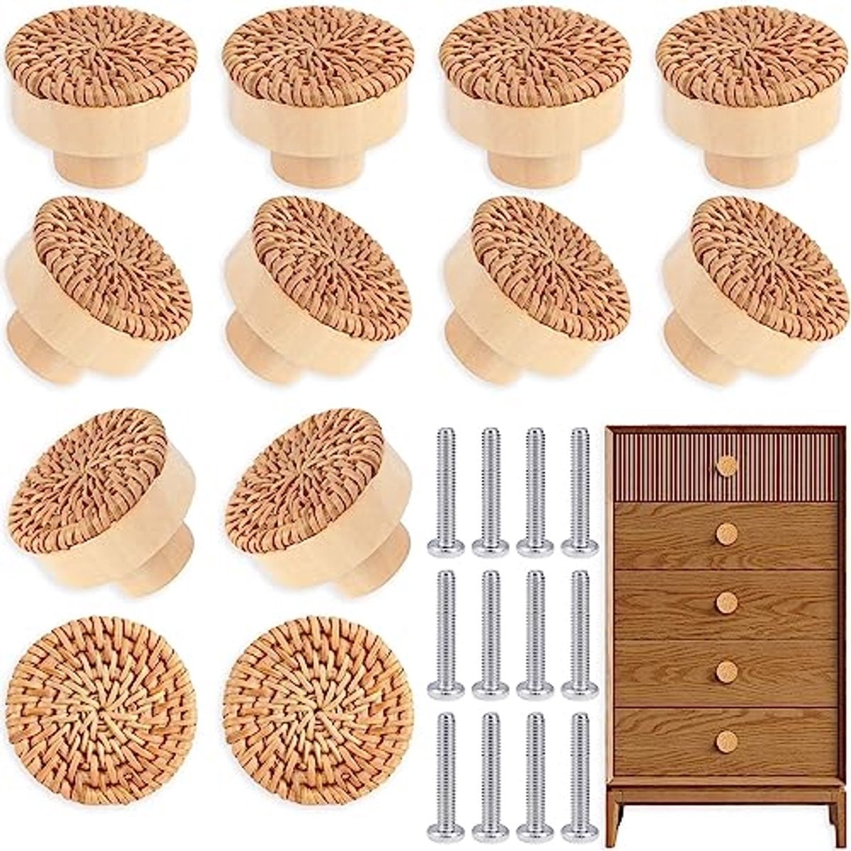 Set van 12 Rotan meubelknoppen voor Boho decoratie van meubels en kasten