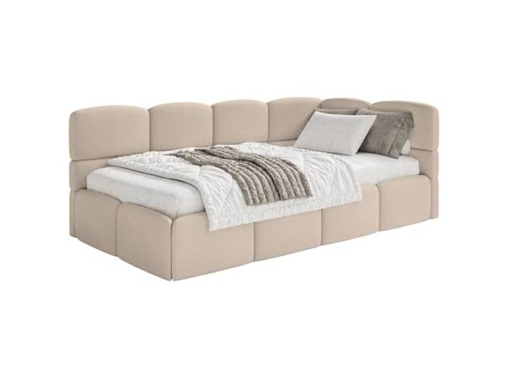 Selsey Jugendbett 120x200cm Beige Chenille Stoff mit Stauraum und Lattenrost, Polsterbett mit Bettkasten, gepolstertes Kinderbett 120x200, Jugendbett rechtsseitig mit Eckkopfteil