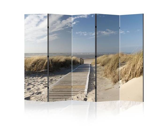 LUMASOUL Paravent Raumteiler Innen einseitig Bedruckt 225x172 cm Meer Natur 5 teilig Vorderseite mit Motiv, neutrale Rückseite, faltbar, freistehend und dekorativ, als Trennwand für Wohnräume Strand