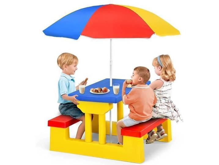 GOPLUS Ensemble de Jardin pour Enfant Ensemble Table de Pique-Nique et Banc avec Parasol d' Activité Extérieur Multicolore
