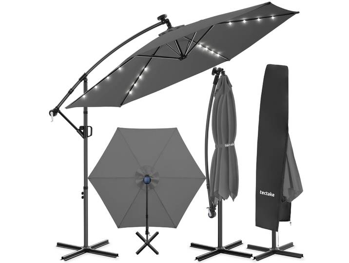 Parasol Artemis pivotant à 360°, à LED et à énergie solaire, 3 x 3 m - gris