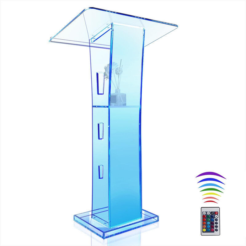 Gaonala Acrylic Podium with LED Lighting, Clear Lectern Stand with Storage Shelf Fixed Base 115cm H X 60cm W X 35cm D