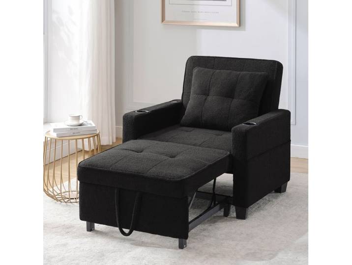 Fauteuil convertible 3-en-1 noir avec USB et porte-gobelets dossier réglable canapé-lit 1 place