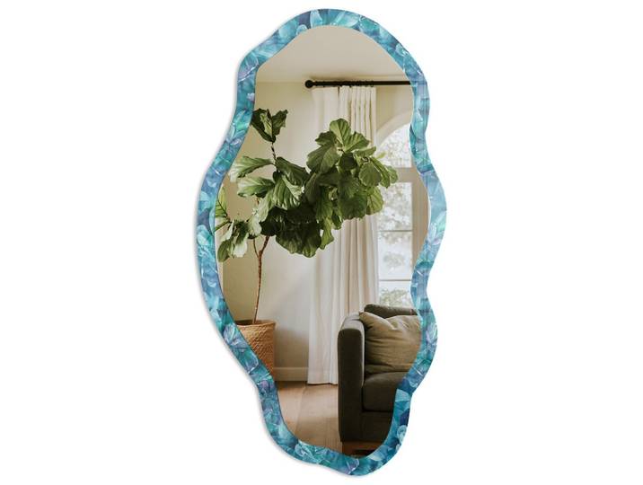 SPIEGEL 90x45 cm asymmetrisch mit Druck - Türkisfarbene Blüten