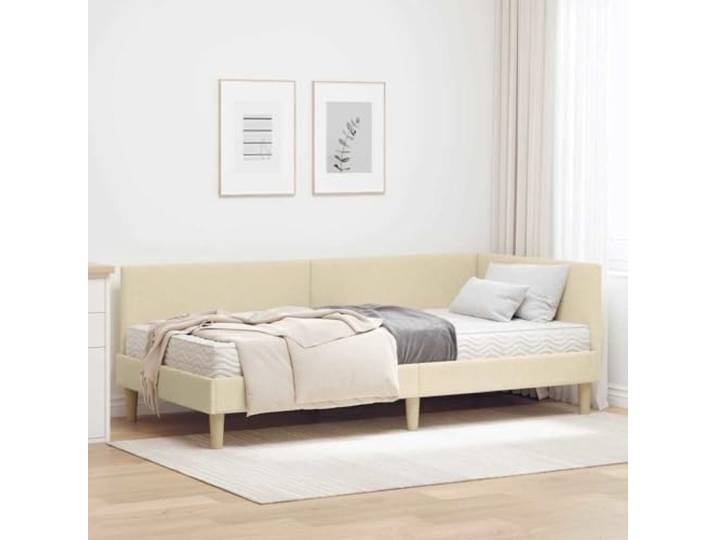 Stoffbezogen Eckbettgestell mit Matratze Wandmontiert Minimalistisch Creme Eckbettgestell mit Matratze 2-tlg Creme Stoff Polsterbett Einzelbett 90x200 Wandkopfteil Lattenrost Schlafzimmer Möbel Set