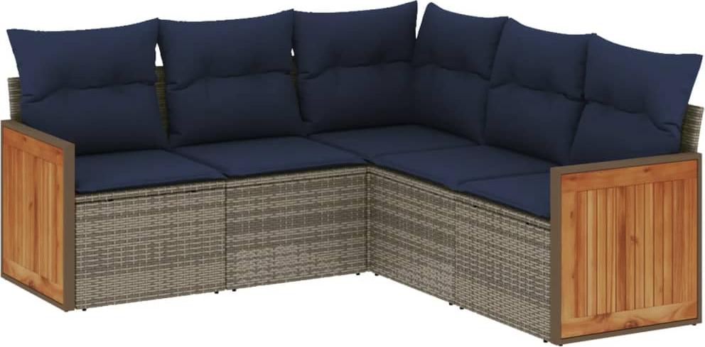 5-teiliges Gartensofa-Set mit Kissen, grau, Polyrattan