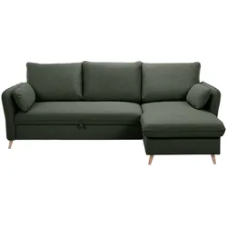 Ecksofa mit umkehrbarer Schlaffunktion und Stauraum 3-4 Sitzplätze in Khakigrünem Stoff und hellem Holz DRISS
