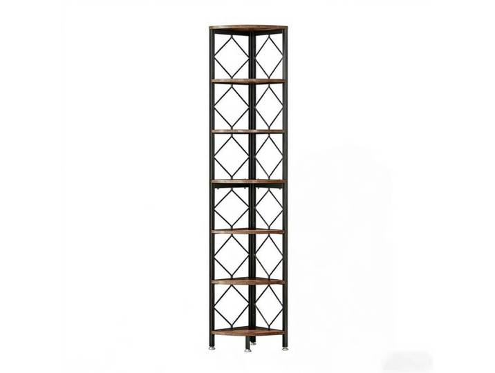 Bibliothèque d'angle – étagère étroite 7 niveaux – métal et panneaux de particules – noir et marron