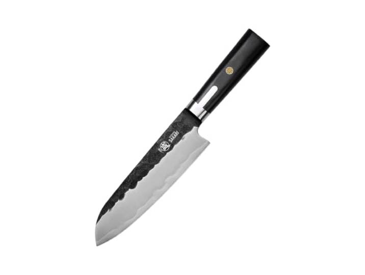 MITSUMOTO SAKARI 18 cm Santoku Küchenmesser, S301 Pulverstahl Kochmesser Professionelles Japanisches Messer, Handgeschmiedete Küchenmesser, Pakkawood Griff