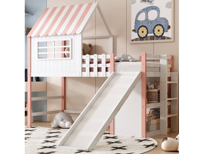 Lit Enfant 90x200 Avec Toboggan Rangement Bois Rose Mdf Havrya