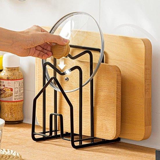Metalen serveerkast voor de keuken met 4 vakken en dekselhouder, zwart