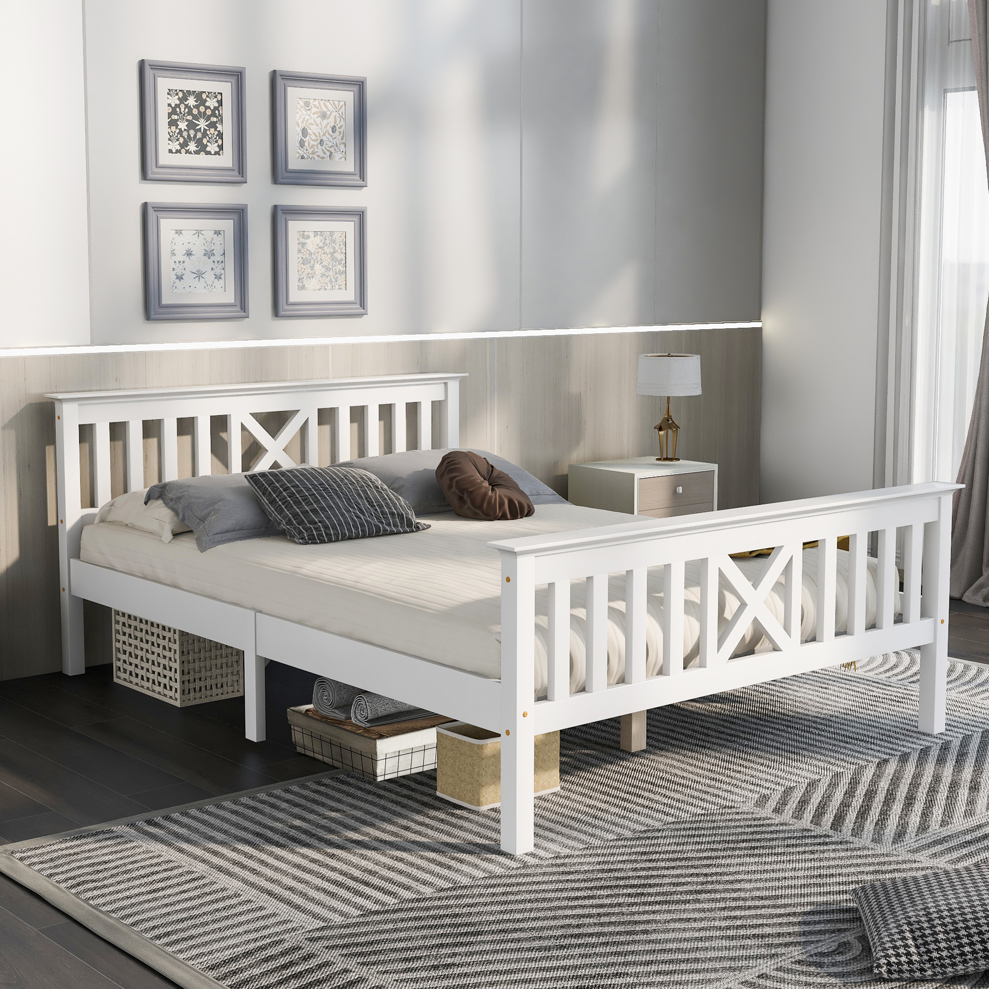 okwish Kinderbett 140 x 200 Doppelbett aus massivem Kiefernholz, Kleinkinderbett Jugendbett mit Lattenrost,Holzbett mit Kopfteil, einfacher Auf- und Abbau,weiß(mit Matratze)