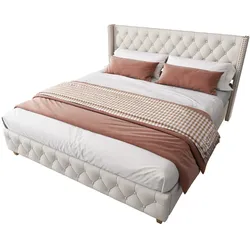Polsterbett 180x200 cm aus Leinen mit Lattenrost und Kopfteil – Elegantes Design in Beige für hohen Komfort
