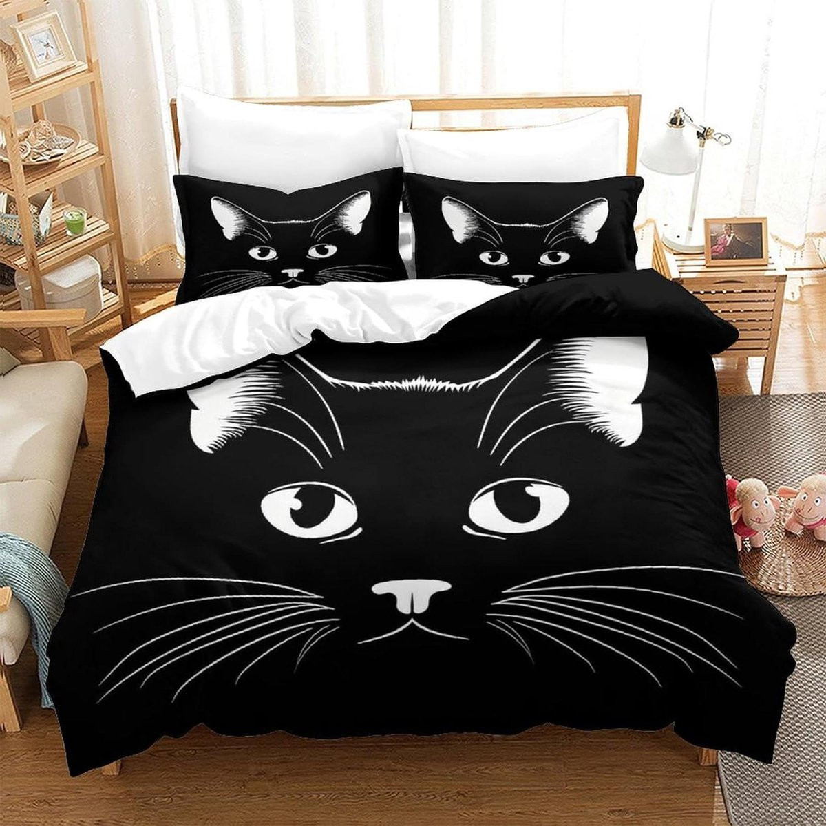 3-delige omkeerbare dekbedovertrek set met kattenprint in multicolor voor volwassenen