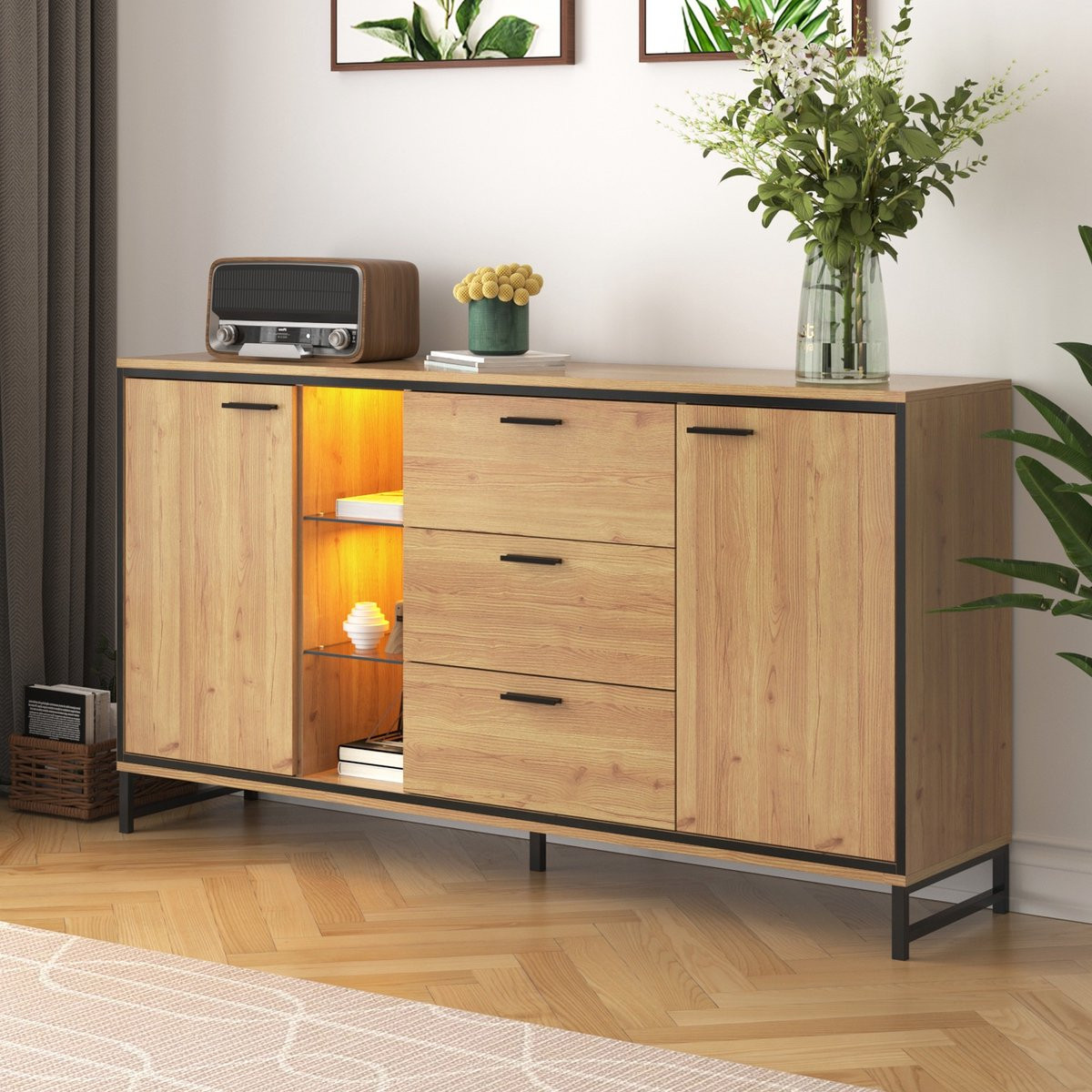 Sweiko Sideboard met 3 lades en 2 deuren, Modern Dressoir in Zwart en Houtkleur met geïntegreerde verlichting