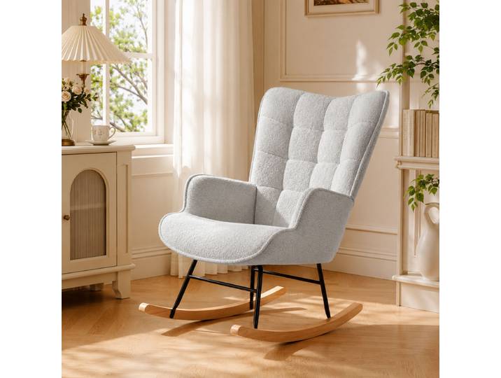 Fauteuil À Bascule Avec Accoudoirs\,rocking Chair Dossier Haut\, Chaise Relaxante Pieds En Métal Et Bois Massif\,teddy Plush Gris Clair