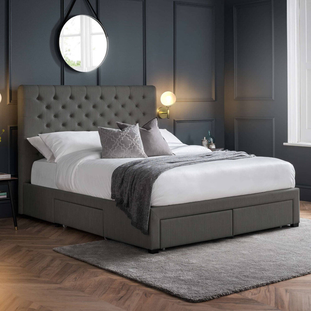 Wade Logan Rishi Upholstered Drawers Bed Dark Gray Double (4'6)