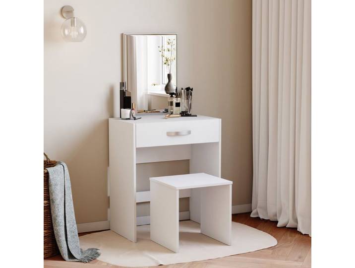 Coiffeuse Isla blanche avec 1 tiroir miroir et tabouret – Ensemble meuble maquillage et coiffeuse