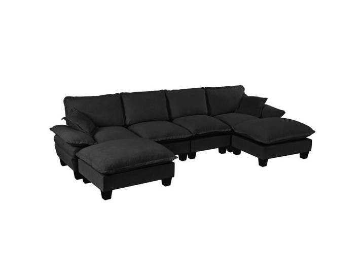 ELVORIN canapé d angle modulable en U 6 places 323 x 151 x 90 cm tissu chenille noir ottoman amovible
